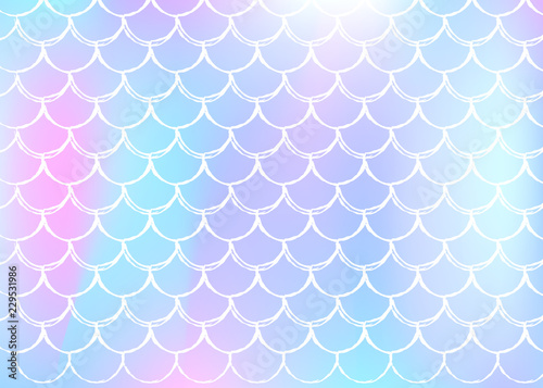 Mermaid scales background with holographic gradient. Bright color transitions. Fish tail banner and invitation. Underwater and sea pattern for girlie party. Bright backdrop with mermaid scales.