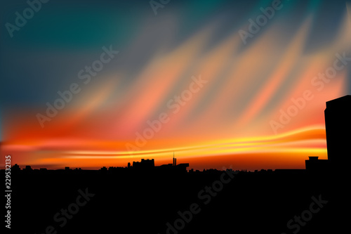 orange sunset over the city, beautiful sky