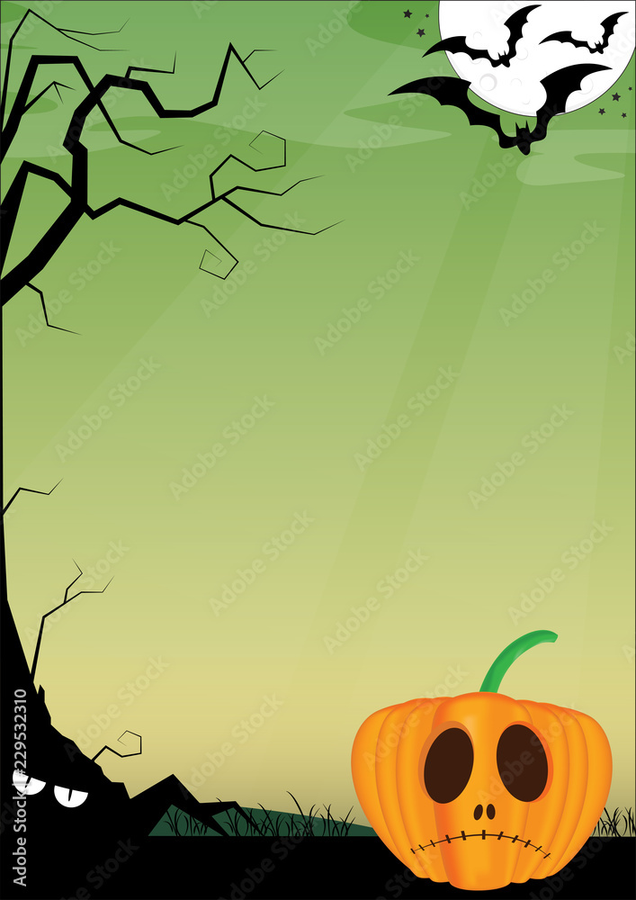 Halloween pumpkin sad poster, background green with dark tree, shadow  monster and vampire bat Stock Vector | Adobe Stock