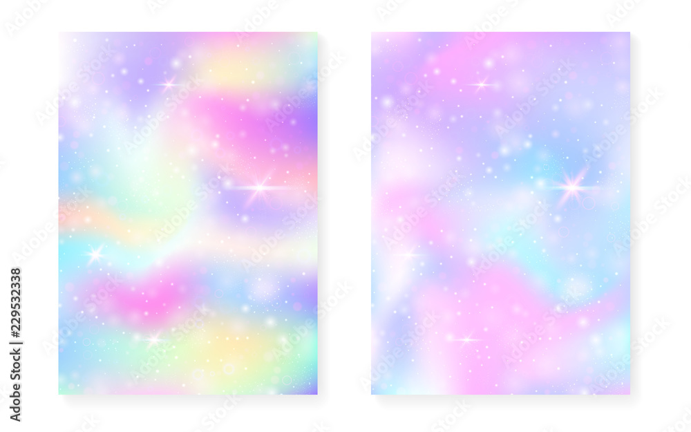 Unicorn background with kawaii magic gradient. Princess rainbow hologram. Holographic fairy set. Fluorescent fantasy cover. Unicorn background with sparkles and stars for cute girl party invitation.