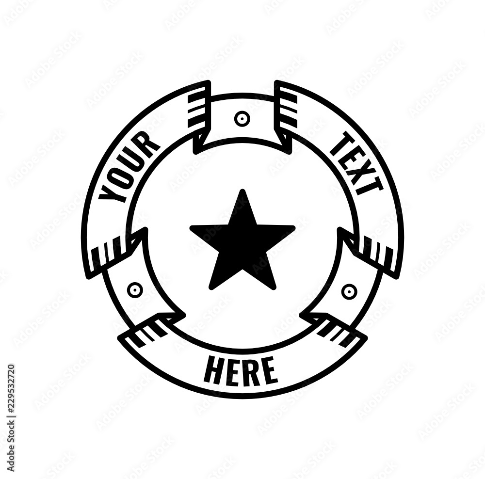 Round ribbon with text around star. Black outline ribbon logo with solid star in it. Black isolated illustration on white background Round ribbon with text around star. Black outline ribbon logo with solid star in it. Black isolated illustration on white background