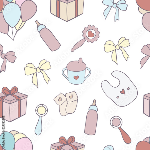 Seamless pattern with hand drawn baby girl vector doodle elements.