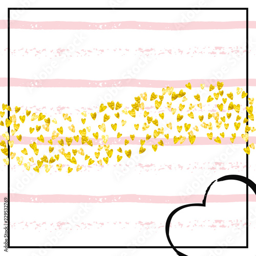 Gold glitter hearts confetti  on pink stripes. Shiny falling sequins with shimmer and sparkles. Design with gold glitter hearts for party invitation, bridal shower and save the date invite.