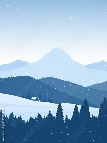 Vector illustration: Winter vertical snowy mountains landscape with two houses, forest, hills and peaks
