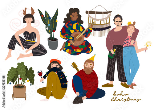 Boho Christmas party. Colored vector set. All elements are isolated