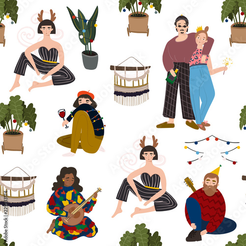Boho Christmas party. Colored vector seamless pattern
