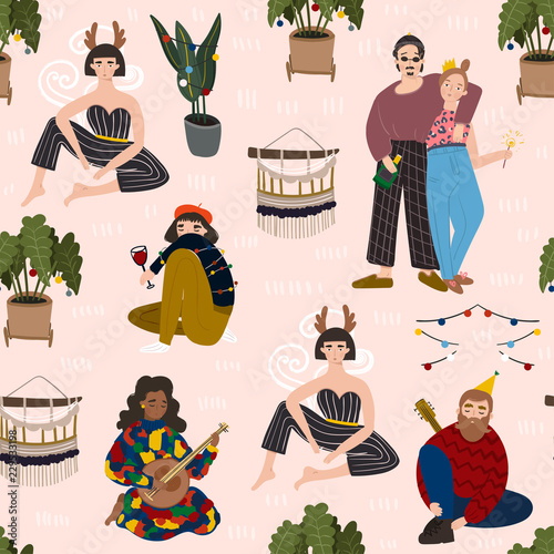 Boho Christmas party. Colored vector seamless pattern. Pink background