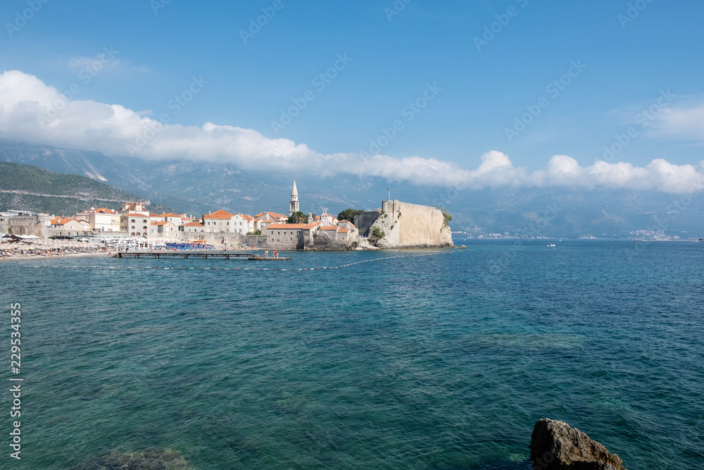 Budva. The old Town. Cloudy sky over houses Adriatic Sea. Montenegro. Europe.