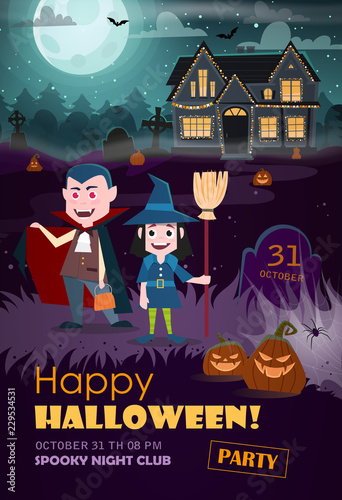 Halloween background with witch and vampire