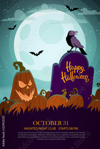 Halloween party template with jack o lantern, grave and crow