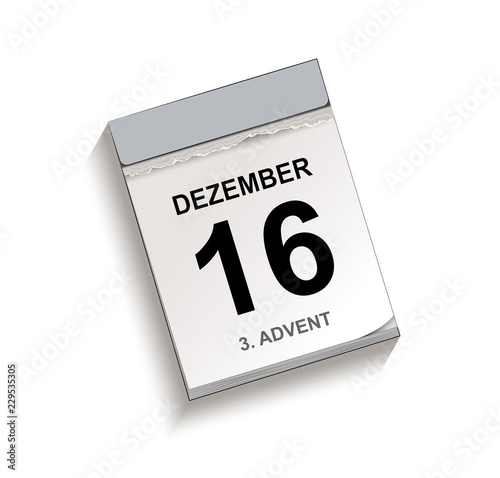 Kalender Dezember 16, 3 Advent, Kalender, Abreißkalender mit Datum 16 Dezember
Vektor Illustration isoliert auf weißem Hintergrund