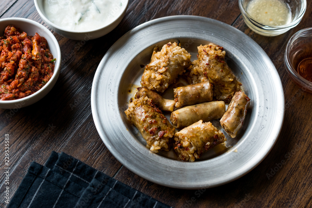 Turkish Food Minced Meat and Rice Stuffed Sheep Bowel Mumbar Dolma Turkish Food Minced Meat and Rice Stuffed Sheep Bowel Mumbar Dolma