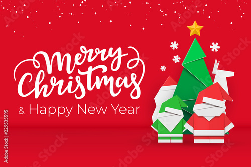 Christmas and New Year postcard with handmade paper Xmas elements on red festive background with snow.