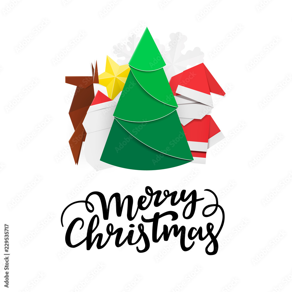 Naklejka premium Christmas postcard template. Xmas card design with winter elements: new year tree, santa claus, snowman, deer, golden star, snowflake and hand lettering.