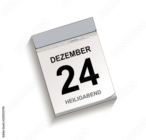 Kalender Dezember 24 Heiligabend, Kalender, Abreißkalender mit Datum 24 Dezember
Vektor Illustration isoliert auf weißem Hintergrund