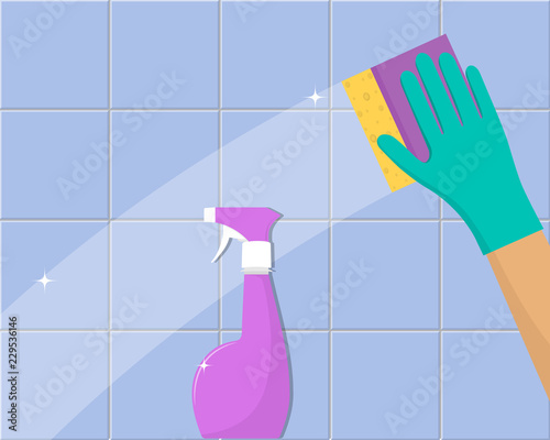 Cleaning concept. Hand in rubber glove cleans the tile with sponge and cleaning spray. Cleaning service banner design. Vector illustration in flat style.