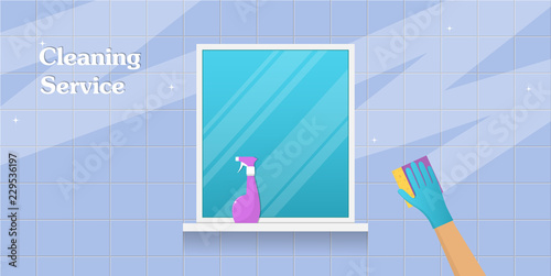 Cleaning concept. Hand in rubber glove cleans the tile with sponge and cleaning spray. Cleaning service banner design. Vector illustration in flat style.