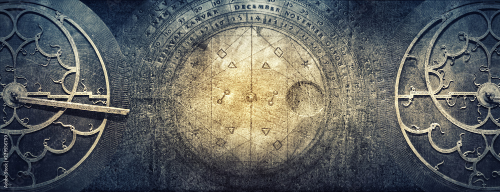 Naklejka premium Starożytne instrumenty astronomiczne na tle rocznika papieru. Abstrakcyjne stare tło koncepcyjne dotyczące historii, mistycyzmu, astrologii, nauki itp.