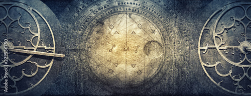 Obraz na plátně Ancient astronomical instruments on vintage paper background