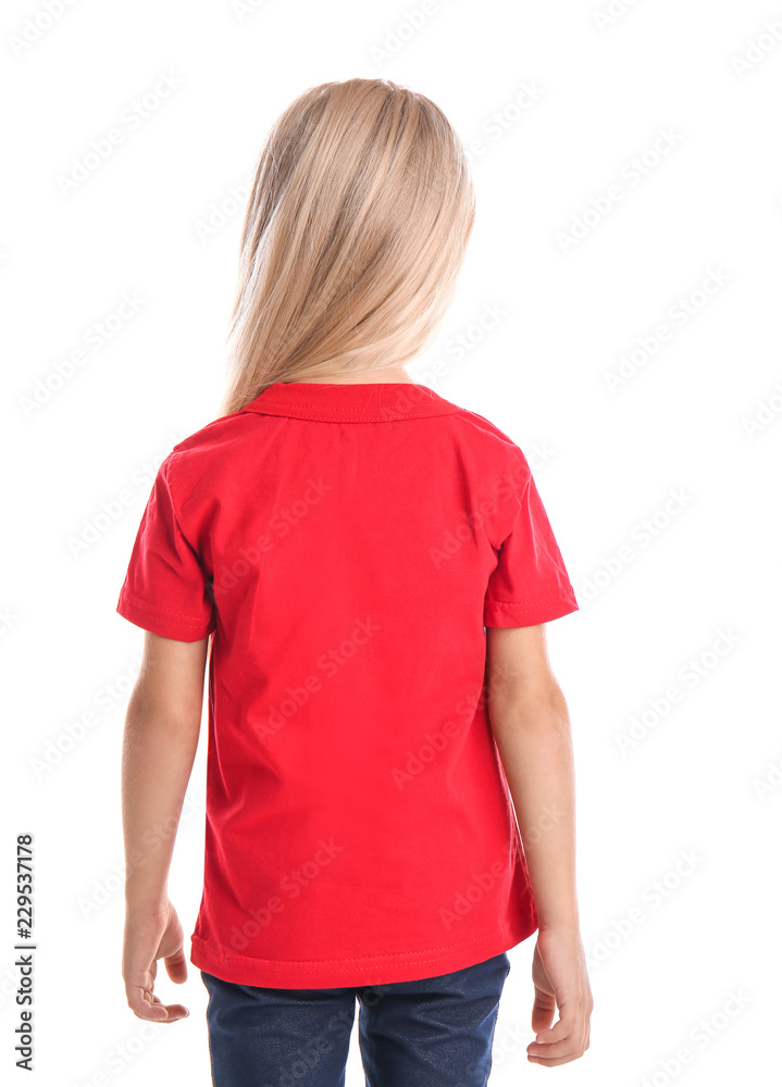 Little girl in t-shirt on white background, back view Little girl in t-shirt on white background, back view