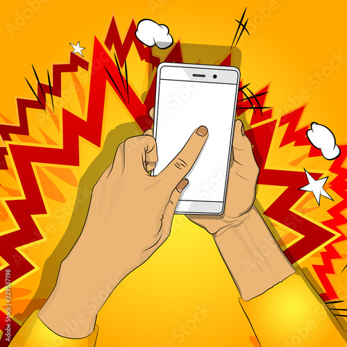 Hand holds smart phone with white screen and a finger touches the display. Vector illustration drawing in comic book style with background, for advertisement, web sites, banners, infographics design.