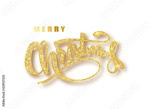 Merry christmas card with golden glitter lettering. Hand drawn text, calligraphy for your design. Calligraphy lettering New Year. Vector illustration EPS10.