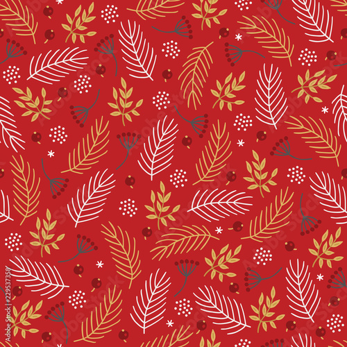 Christmas seamless pattern with fir branches, berries, leaves, snowflakes