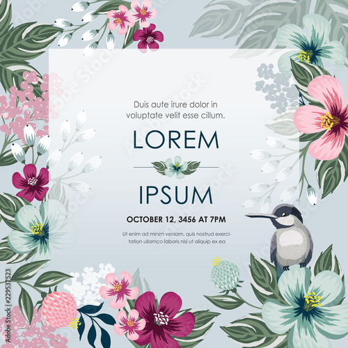  Vector illustration of a floral frame with a cute bird in spring for Wedding, anniversary, birthday and party. Design for banner, poster, card, invitation and scrapbook 