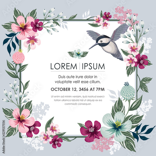  Vector illustration of a floral frame with a cute bird in spring for Wedding, anniversary, birthday and party. Design for banner, poster, card, invitation and scrapbook 