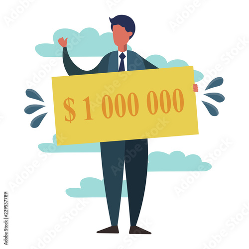Man with lottery winning million dollars. Business success metaphor in flat style. Cartoon vector illustration