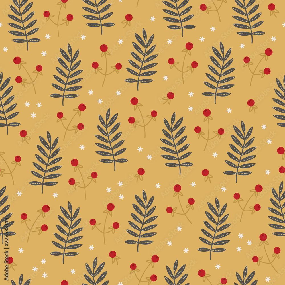 Christmas seamless pattern with leaves, berries and snowflakes Christmas seamless pattern with leaves, berries and snowflakes