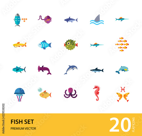 Fish icons set with dolphin, shark and seahorse. Thirteen vector icons