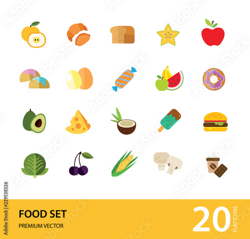 Food icon set. Broccoli, fruit, doughnut, cheese, cappuccino. Eating concept. Can be used for topics like cafe, menu, food store