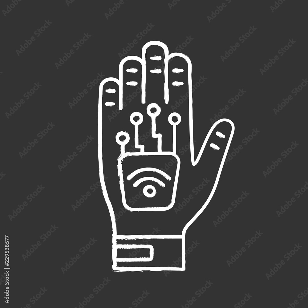Human microchip implant in hand chalk icon Human microchip implant in hand chalk icon