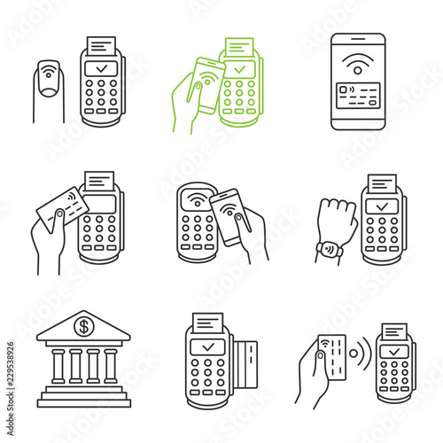 NFC payment linear icons set
