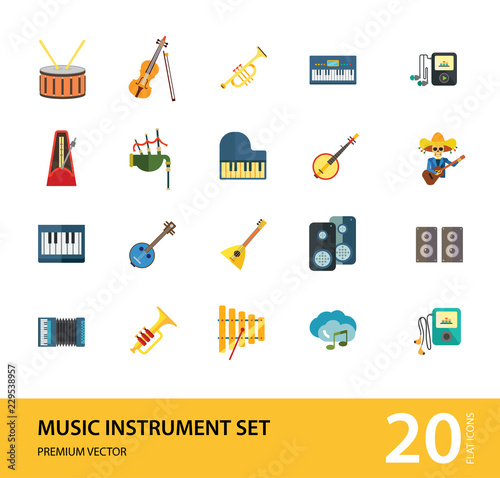 Music Instrument Icon Set. Drum And Drumsticks Balalaika Banjo Instrument Classic Accordion Violin And Bow Trumpet Xylophone Grand Piano Scottish Bagpipe Synthesizer Acoustic Speakers