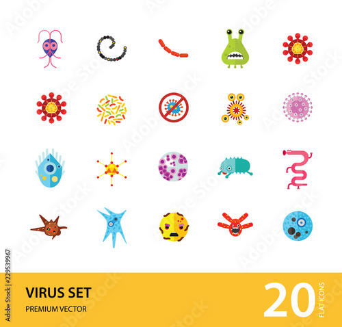 Virus icons set. Thirteen vector icons of influenza virus, coronavirus, adenovirus and other bacteria