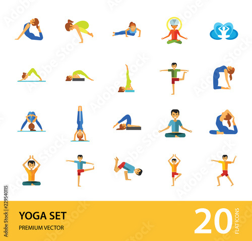Yoga Icon Set. Meditation Rajakapotasana Sarvangasana Halasana Ustrasana Astavakasana Bakasana Handstand Virabhadrasana Svanasana Prasarita