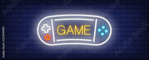 Game neon text with portable videogame console. Computer games and entertainment advertisement design. Night bright neon sign, colorful billboard, light banner. Vector illustration in neon style.