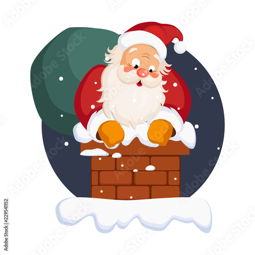 Santa Claus in Chimney on Christmas Eve. Winter Vector