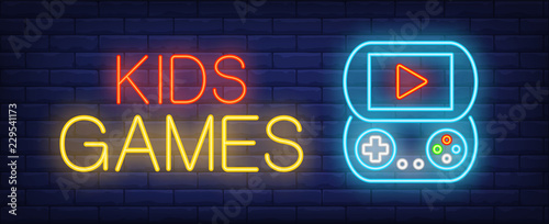 Kids games neon text with psp. Computer games and entertainment advertisement design. Night bright neon sign, colorful billboard, light banner. Vector illustration in neon style.