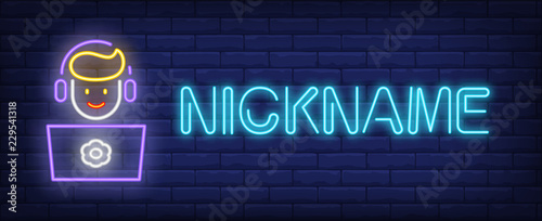 Nickname neon text with boy playing computer game. Computer games and entertainment advertisement design. Night bright neon sign, colorful billboard, light banner. Vector illustration in neon style. photo