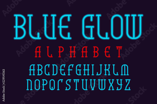 Blue glow alphabet. Neon light font. Isolated english alphabet.