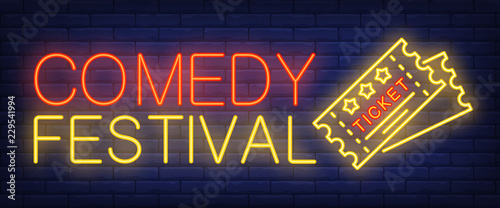 Comedy festival neon sign. Tickets on brick background. Show, concert, performance. Night bright advertisement. Vector illustration in neon style for leisure, nightlife, entertainment