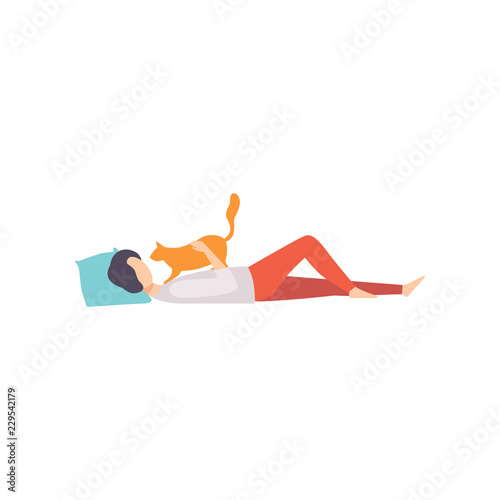 Young man lying on the floor with his red cat, adorable pet and its owner vector Illustration on a white background
