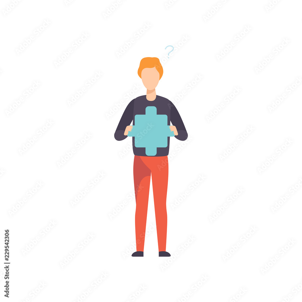 Young man holding jigsaw puzzle element, businessman having idea vector Illustration on a white background Young man holding jigsaw puzzle element, businessman having idea vector Illustration on a white background