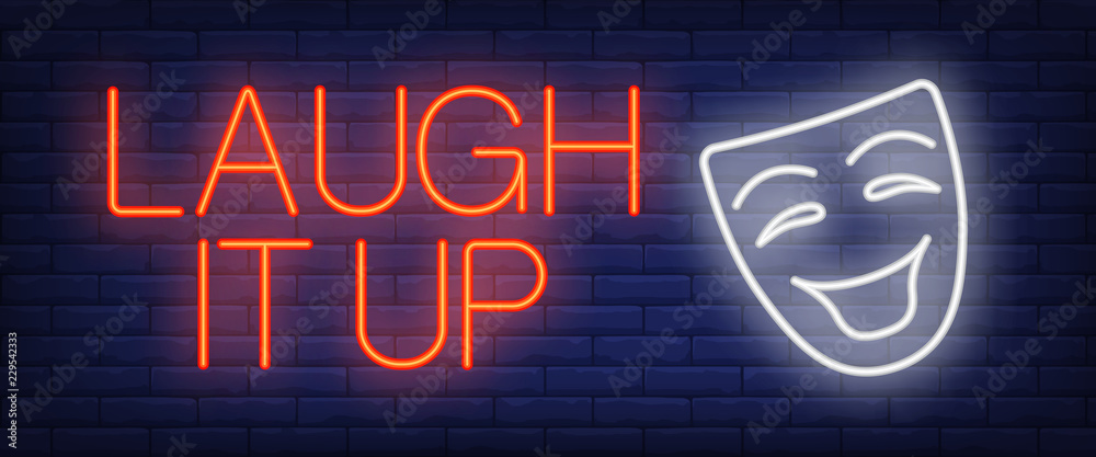 Laugh it up neon sign. Comedian mask on brick background. Comedy show