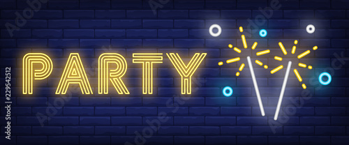 Party neon sign. Bengal light on brick background. Christmas, New Year, celebration. Night bright advertisement. Vector illustration in neon style for holiday, event, occasion