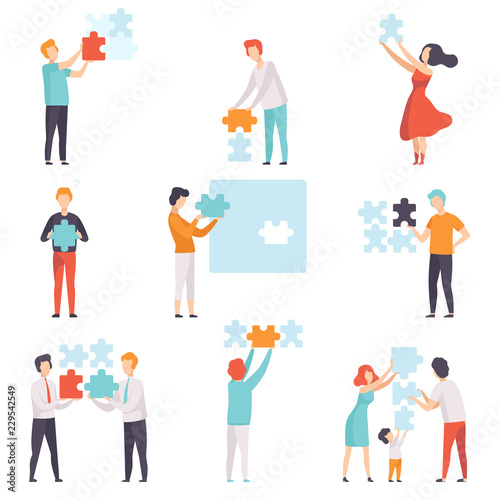 People connecting puzzle elements set, men, women and kids putting jigsaw puzzles vector Illustration on a white background