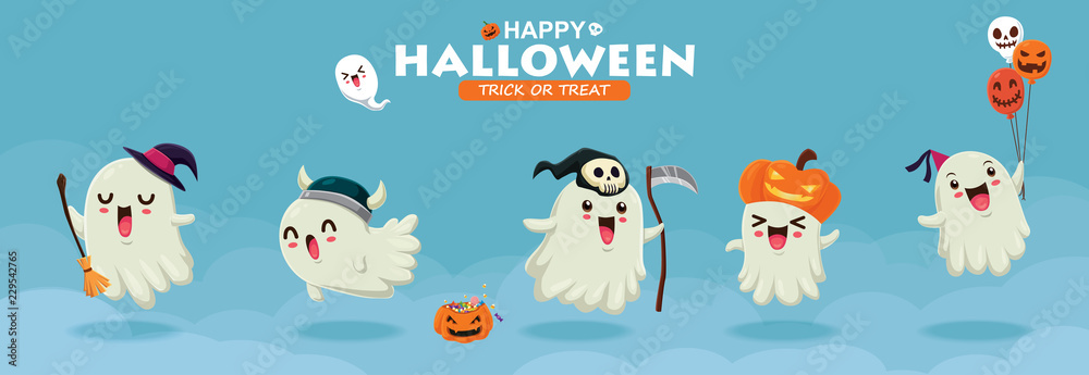 Fototapeta premium Vintage Halloween poster design with vector witch, ghost, demon, Jack O Lantern, reaper, monster character. 